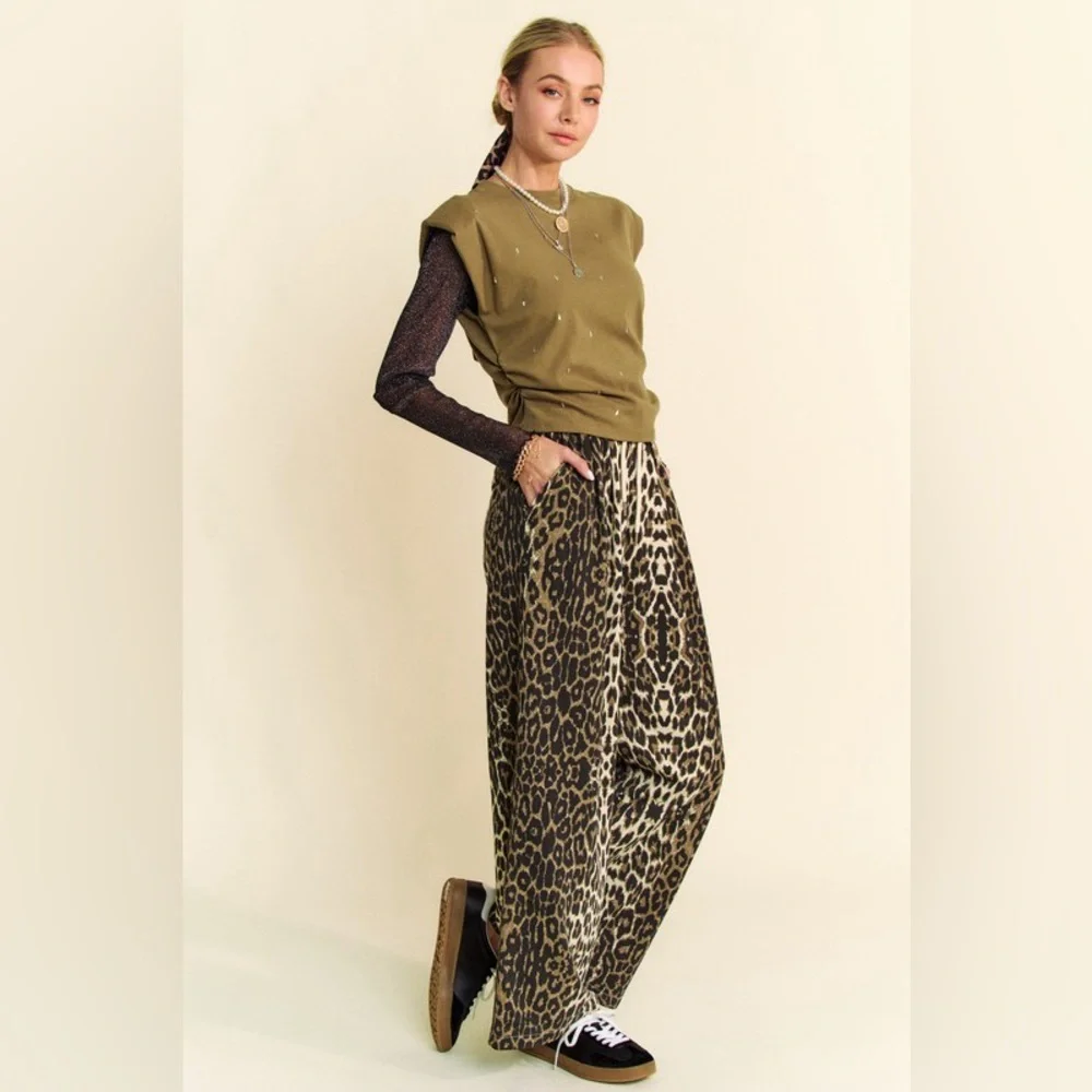 🟠272B. Drawstring Leopard Wide Leg Pants - Picture 5 of 8